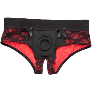red and black lace crotchless pegging panty