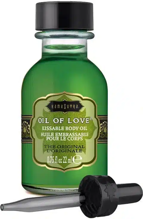 green oil in a glass jar with a black dropper lid in the scent the original