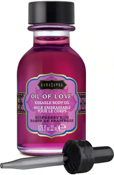 purple oil in a glass jar with a black dropper lid in the scent raspberry kiss