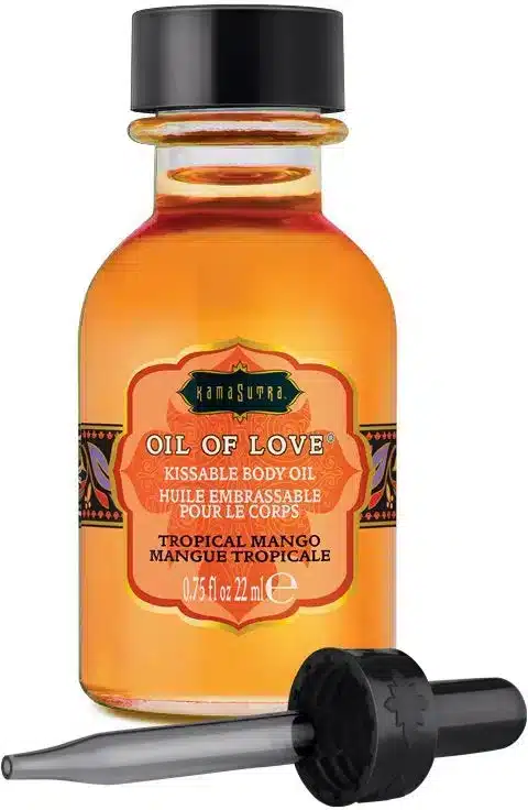 orange oil in a glass jar with a black dropper lid in the scent tropical mango