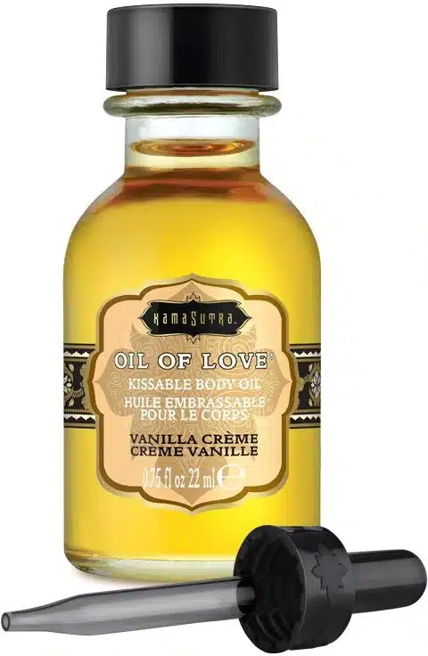 yellow oil in a glass jar with a black dropper lid in the scent vanilla creme