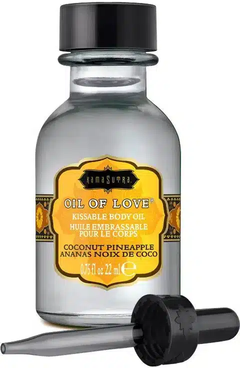 clear oil in a glass jar with a black dropper lid in the scent coconut pineapple