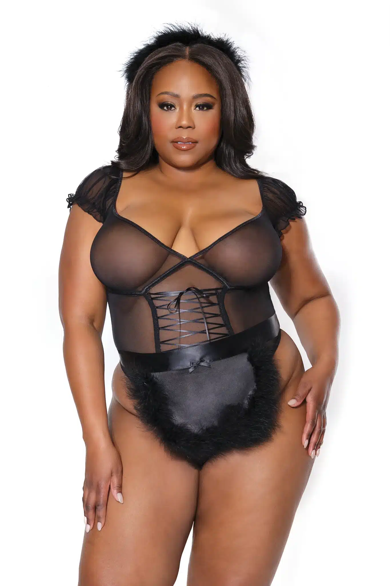 woman wearing a sheer black teddy lingerie with black fur headpiece and black silk and fuzzy apron